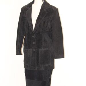 Michael Mims/ Kathy Cole, black Suede Leather Jacket matching skirt with fringe